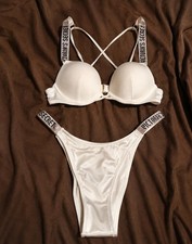 Victoria  s Secret Bombshell Bikini Set 32AA S White Rhinestone Shine Strap NWOT