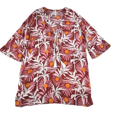 C&C California Red Floral Woven Tunic Top XL Linen Rayon V-Neck Tassel Tie 3/4