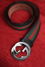 GUCCI - Green/Red Web Fabric and Leather Interlocking G Buckle Belt 90CM 34"