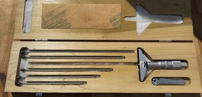 Starrett No. 445 Depth Micrometer Set | 0-6'' Range | 3'' Base w/ Wood Case