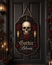 Letrero de madera flor gótica colgante de calavera floral oscura regalo para amantes de la decoración gótica