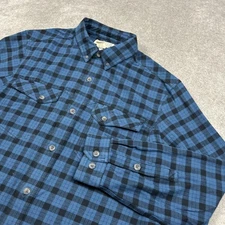 Duluth Trading Co Flannel Shirt Mens Large Button Up Blue Plaid Stretch Pockets