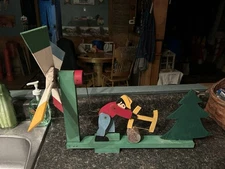 Vintage Folk Art WHIRLIGIG Primitive Painted Wood Old Man Sawing w/ 4 Propellers