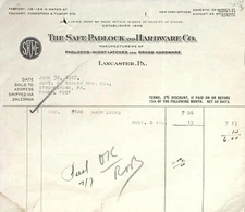 1927 Safe Padlock And Hardware Co Invoice Hasp Locks Vintage Lancaster Ephemera