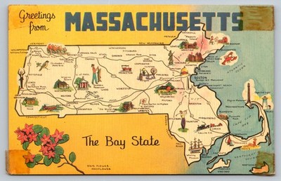 Vintage Greetings from Massachusetts Map Postcard Bay State Dexter Press