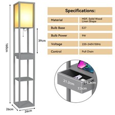 LED Floor Lamp Modern Standing 4-tier Storage Display Shelf Wooden Lounge Light