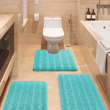 Striped Teal Green Bathroom Rug Set 3 Pieces Ultra Soft, Non Slip Chenille Toile