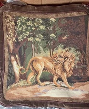 New Lion Needlepoint Chair Cushion Cover Pillow 18” Wool Threads Trees Case Only
