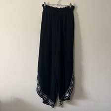 Lovestitch Womens Black Lace Trim Embroidered Open Leg Ruched Waist Pants Size M