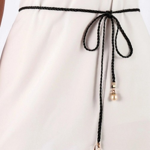 Boho Long Waist Rope Faux Pearl Pendant Women Braided Belt Beaded Fringe Black - Picture 2 of 10