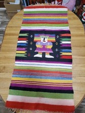 Vintage Mexican Aztec Ethnic Art Blanket Wool Kilim Handmade Weaving 25 x 53