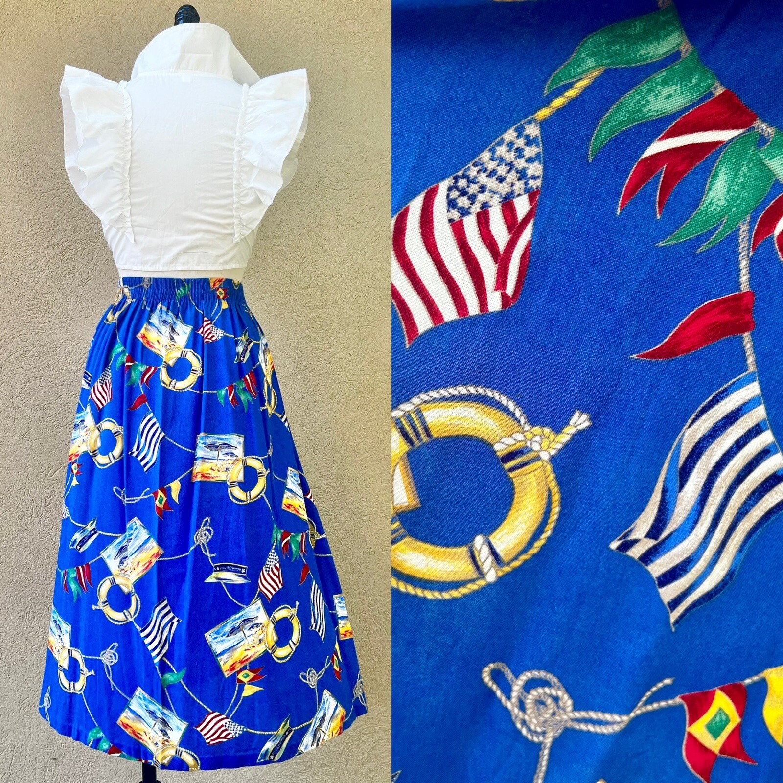 MARITIME NAUTICAL Sailing Yacht 90s 1990’s Vintage Novelty Print Rayon Skirt XL
