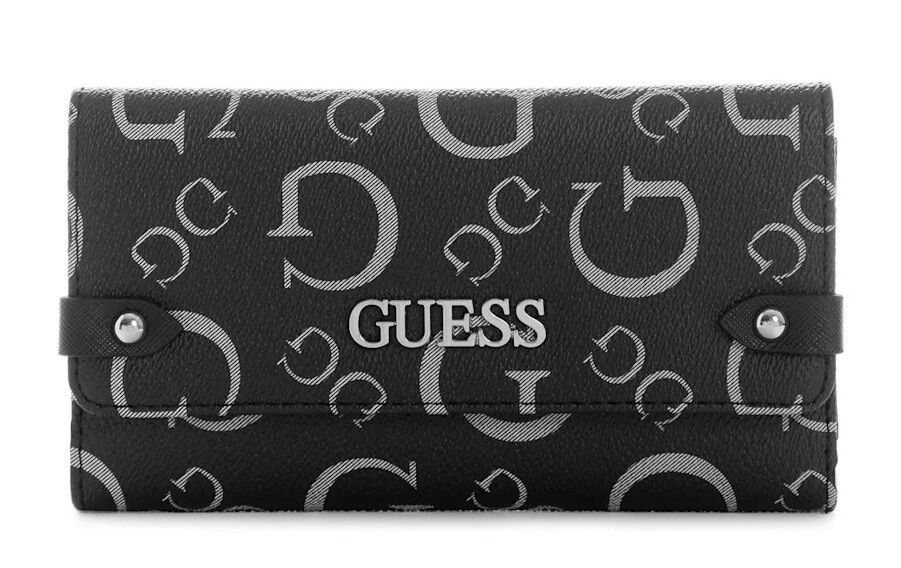 NEW GUESS Women s Keston Black White Logo Print Slim Trifold
