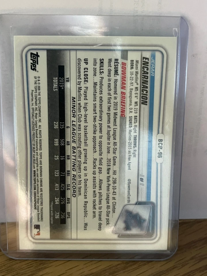 2020 1st Bowman Chrome  ~ Jerar Encarnacion ~ #BCP-96 ~ Miami Marlins - Image 2 of 2