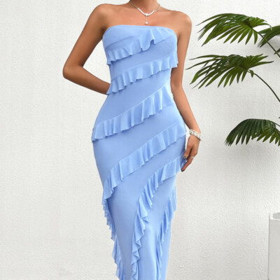 strapless ruffle bodycon dress Yvie Strapless Ruffle Drape Mini Dress Shop American Threads Boutique Blue / M