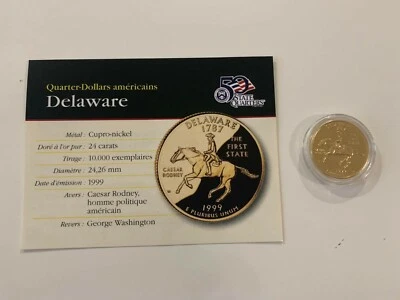 Quarter-dollars des Etats-Unis doré à l'Or Pur 24 Carats "Delaware" - Photo 1/3