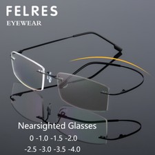 Men Square Photochromic Nearsighted Minus Distance Myopia Rimless Glasses New