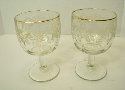 Set of 2 - Vintage Bartlett Collins Golden Grapes, Etched Glass Goblet - Picture 10 of 12
