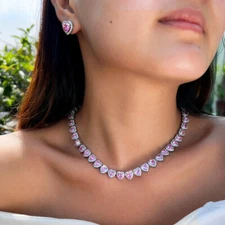 Silver Plated Pink Heart Cubic Zirconia Necklace Earrings Jewelry Set Women Gift
