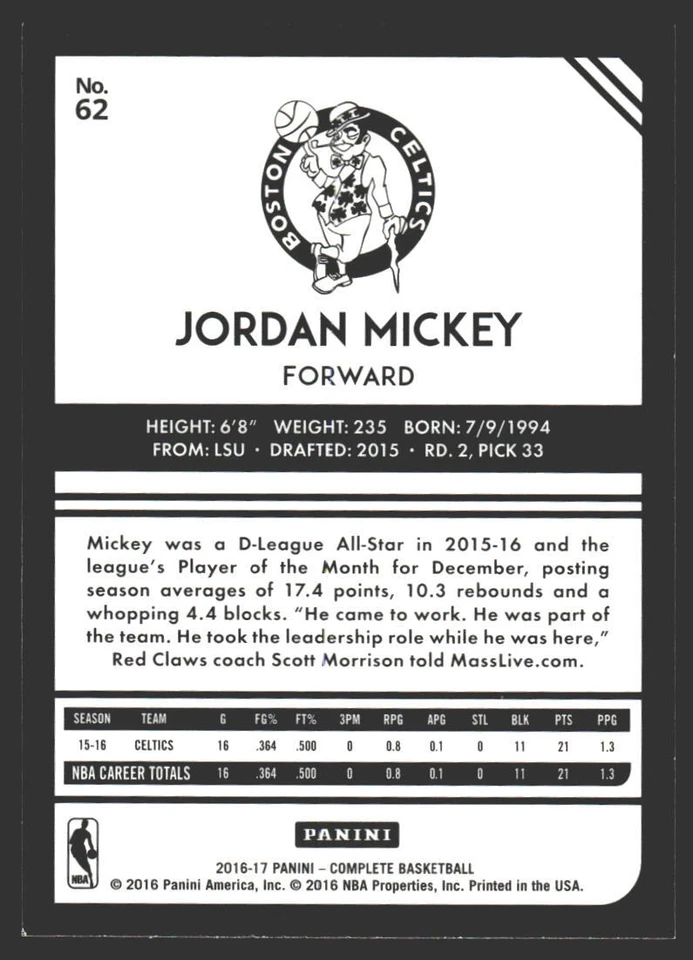 Jordan Mickey #62 2016-17 Panini Complete Boston Celtics - Image 2 of 2