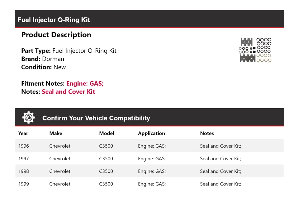 Kit de junta tórica inyector de combustible para Chevrolet C3500 GAS 1996-1999 1997 1998 Foto 2 de 4
