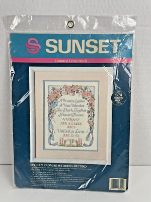 Sunset Spoken Promise Wedding Record 11 x14  Cross Stitch Kit 1990 USA VTG *READ