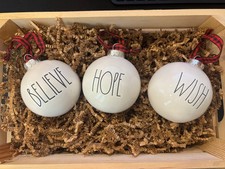 Rae Dunn Set Of 3 Ceramic Christmas Ornaments Believe Wish Hope USED