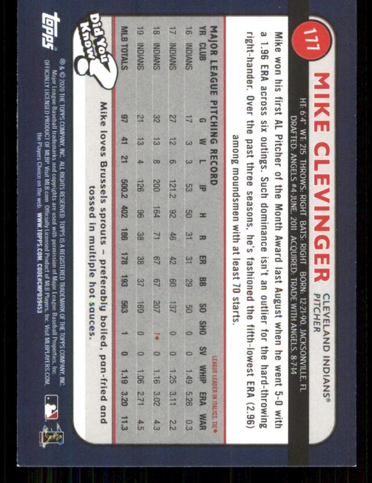 2020 Topps Big League Blue #177 Mike Clevinger - Image 2 of 2