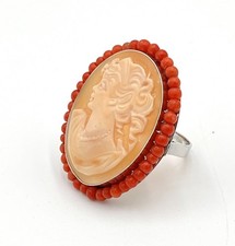 Anello Argento 925 con Cammeo Corniola 30mm & Corallo Rosso Naturale