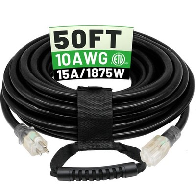 POWGRN 50 Ft 10AWG Black Outdoor Extension Cord Waterproof Heavy Duty 10 Gaug...