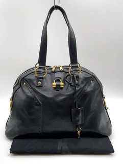 Auth Yves Saint Laurent Muse Leather Black Dome Hand Bag W/Dustbag/Lock NS070038