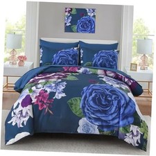 Blue Floral Comforter Set 7 Pieces Bed in a Bag Botanical Queen Dark Blue