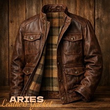 Mens Motorcycle Biker Vintage Distressed Brown Cafe Racer Genuine Leather Jacket