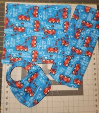 Baby Burp Cloth, Bib, and Lovey Set. Handmade. Fire trucks