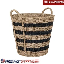 Handwoven Seagrass Round Basket W/ Steel Frame & Woven Handles Storage New