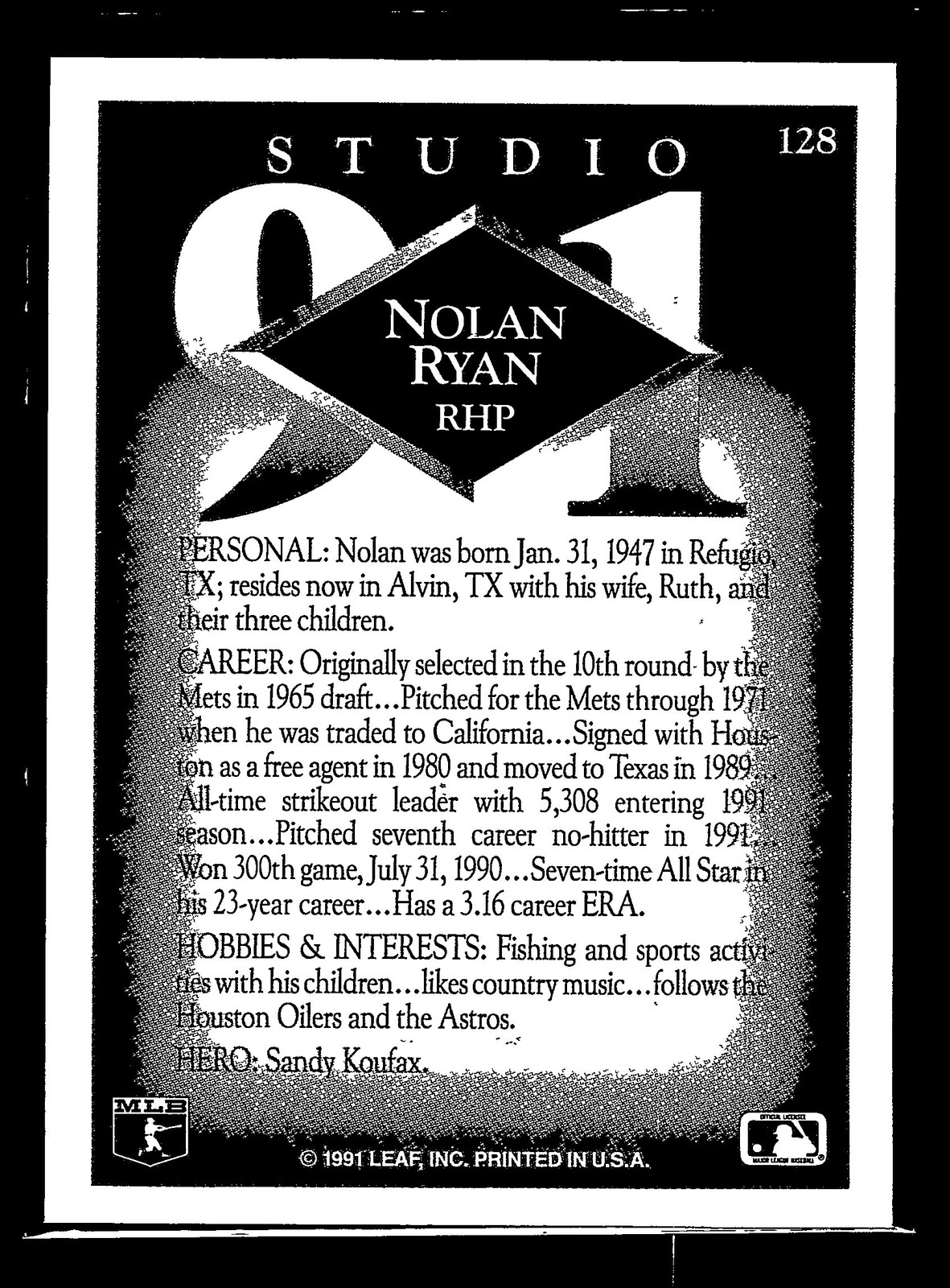 1991 Studio #128 Nolan Ryan Texas Rangers