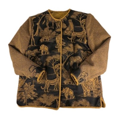 Vtg Jungle Safari Animal Zebra Giraffe Jaguar Monkey Tapestry Jacket Measured Sz