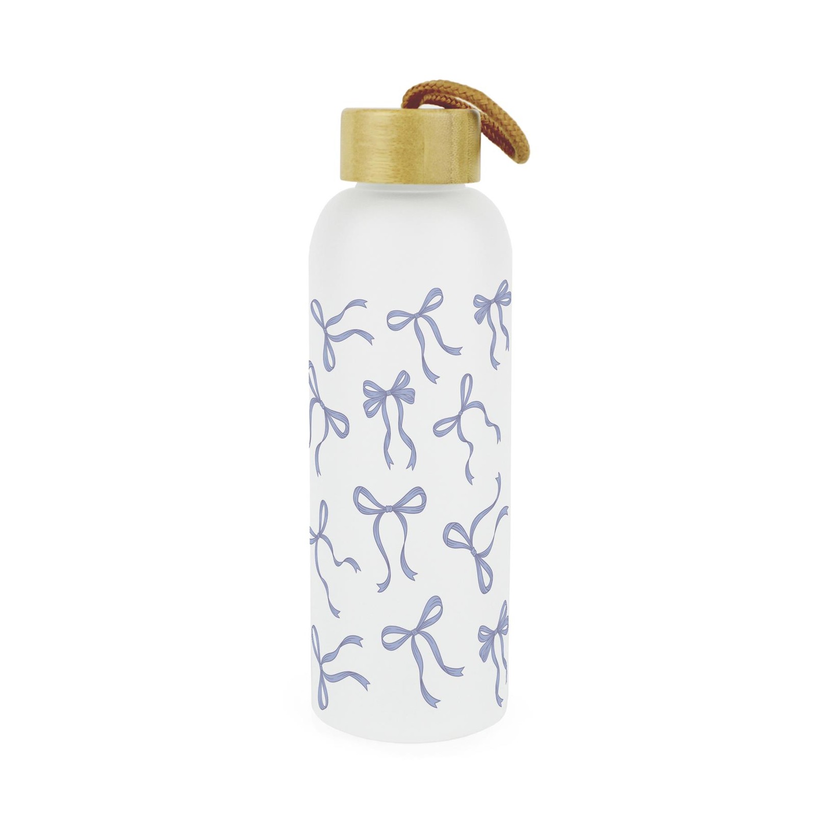 Blue Bows Frosted Glass Water Bottle & Wooden Lid - Reusable Drinkware Gift