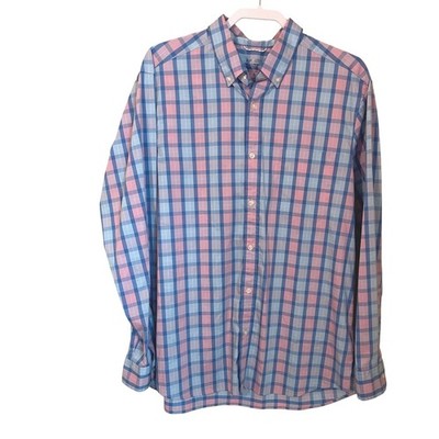 Vineyard Vines On-The-Go Performance brrr Plaid Shirt Blue Pink Mens Size L