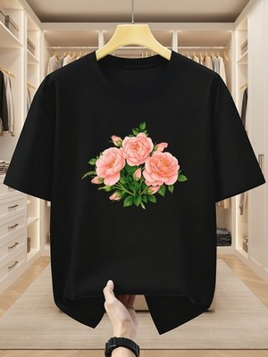 T-Shirts Featuring a Easy Round Neck And Short Sleeves, with a Pink Floral Print