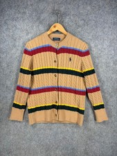 Polo Ralph Lauren Cardigan Donna M Marrone Cashmere Lana Multicolore Maglia Cavo