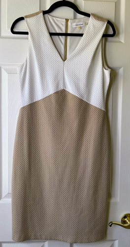 Calvin Klein Women’s Beige White Textured Sheath Dress Sleeveless V-Neck Elegant - Picture 1 of 9