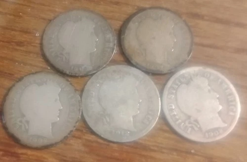 Lot Of 5 Barber Dimes 90% Silver All Different 1902 06 07 08 12 100+ Years Old