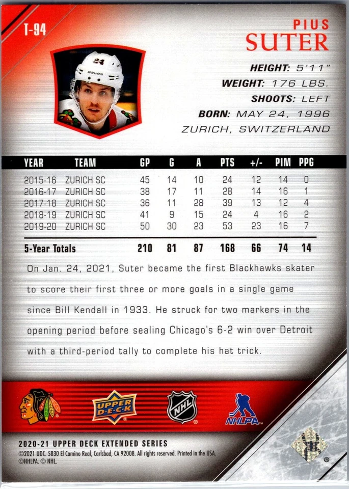 2020-21 Upper Deck #T-94 Pius Suter 2005-06 Upper Deck Tribute High Gloss #/10 - Image 2 of 2