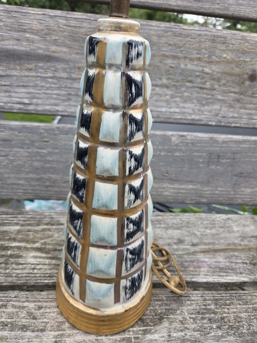 Vtg Hollywood Regency Turquoise Blue Gold Ceramic Table Lamp MCM Atomic Cubist - Picture 2 of 11