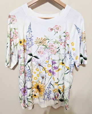 Talbots Elbow Sleeve Spectacular Floral Pullover Sweater  Size XL
