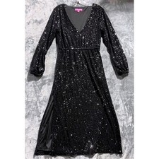 Betsy Johnson Black Sequin V Neck Long Sleeve Maxi Dress Side Slit Size S