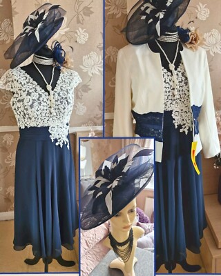 Jacques Vert Nightingales Navy cream Lace mother wedding dress Hat Jacket  10 12 UK