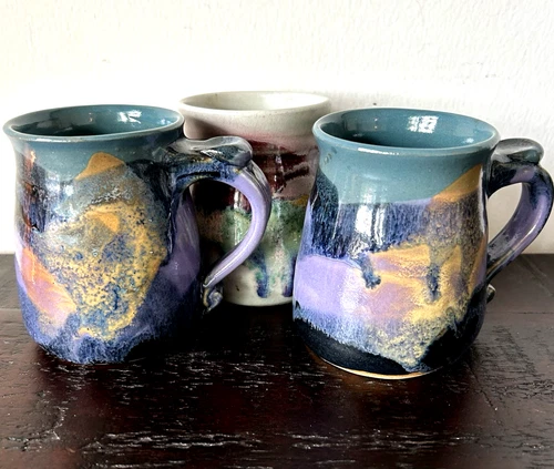 Vintage Magnum Studio Art Pottery Set Of 3 Mugs Signed 1999 & 2000 Beautiful!