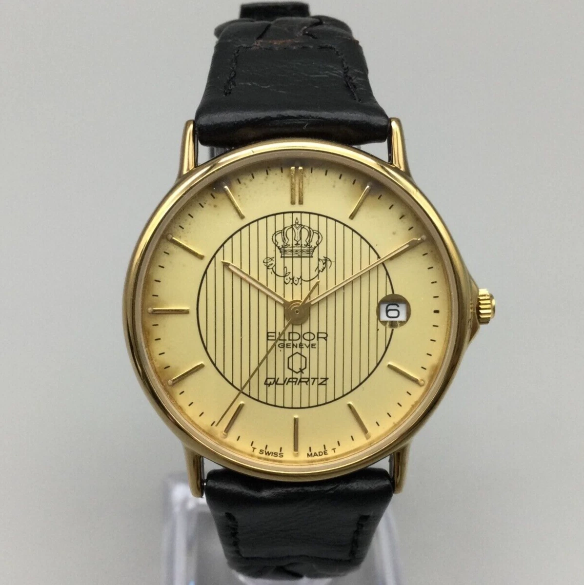 Vintage Eldor Geneve Watch Men Gold Tone Swiss Date Leather Band